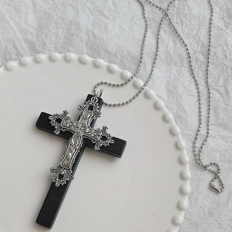 

Dark Retro Wood Cross Necklace Gothic Double Pendant Long Chain Y2K Subculture Jewelry Vintage Punk Collar Chain for Women Men чёрный
