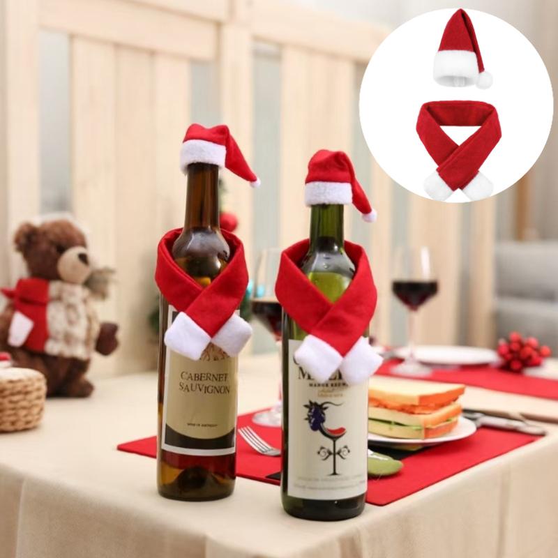 Christmas Creative Wine Bottle Cover Decoration, Non-Woven Scarf+Hat Set, Home Holiday Atmosphere Decoration Supplies