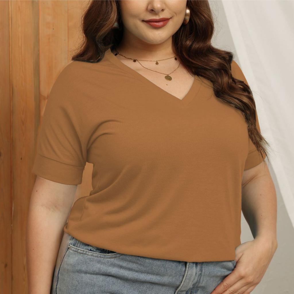 GMXIA Női divat alkalmi nyári nagy méretű, egyszínű nyomtatással készült, rövid ujjú, V-nyakú, bő blúzok és ingek