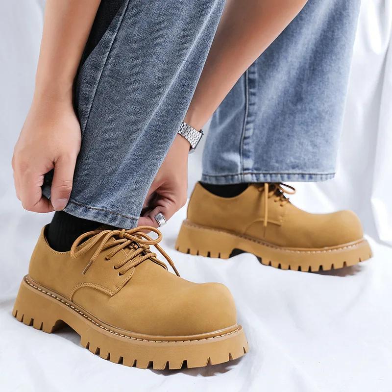 Mens Casual Leather Derby Shoes Men's Thick Sole Big Toe Youth Trendy Shoes Men Lace-up Heightened Shoe New