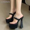 15cm Nachtclub Party Kleiderschuhe für Damen Mode Silber Klobiger Absatz Plateau Sandalen Klare PVC-Riemen Quadratische Zehenpartie Sandalen