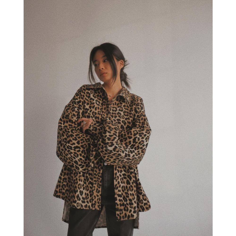 

European and American autumn and winter hot street hipster leopard print large silhouette shirt women, wholesale American retro loose coat S цветной печати леопарда