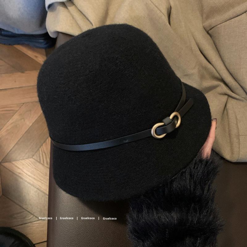 Belt buckle wool foreign daughter hat French top hat women's autumn and winter bucket hat Hepburn rich daughter hat