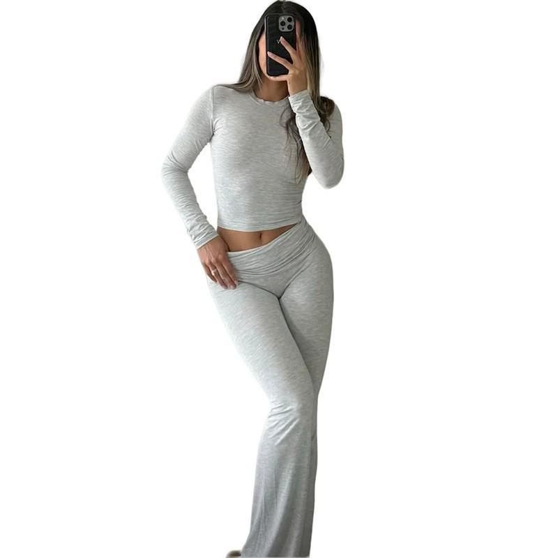 Women's Casual Tracksuit: Round Neck, Long Sleeve, Low Waist Flared Pants