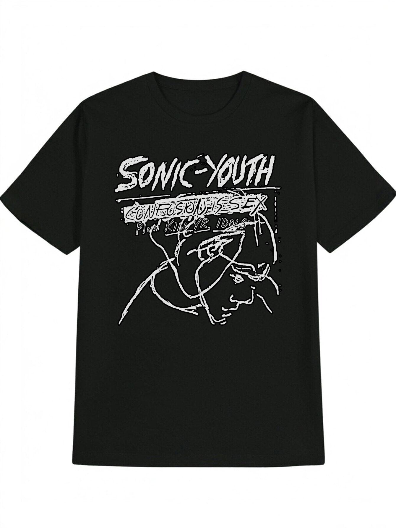 

Casual Crew Neck T-shirt with Sonic Youth Graphic Print - Black XL