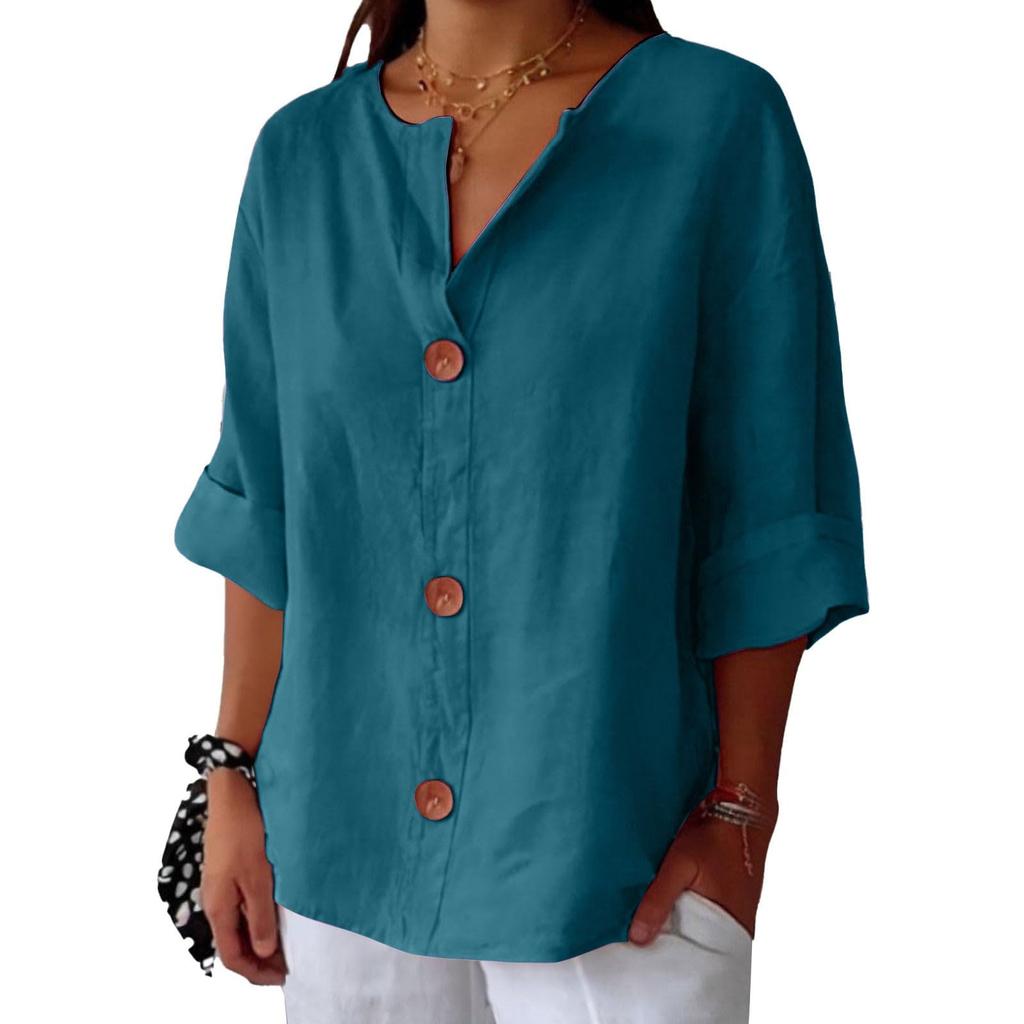Women's Fashion Casual V-Neck Buttoned Seven-Point Sleeve Cotton T-Shirt Top