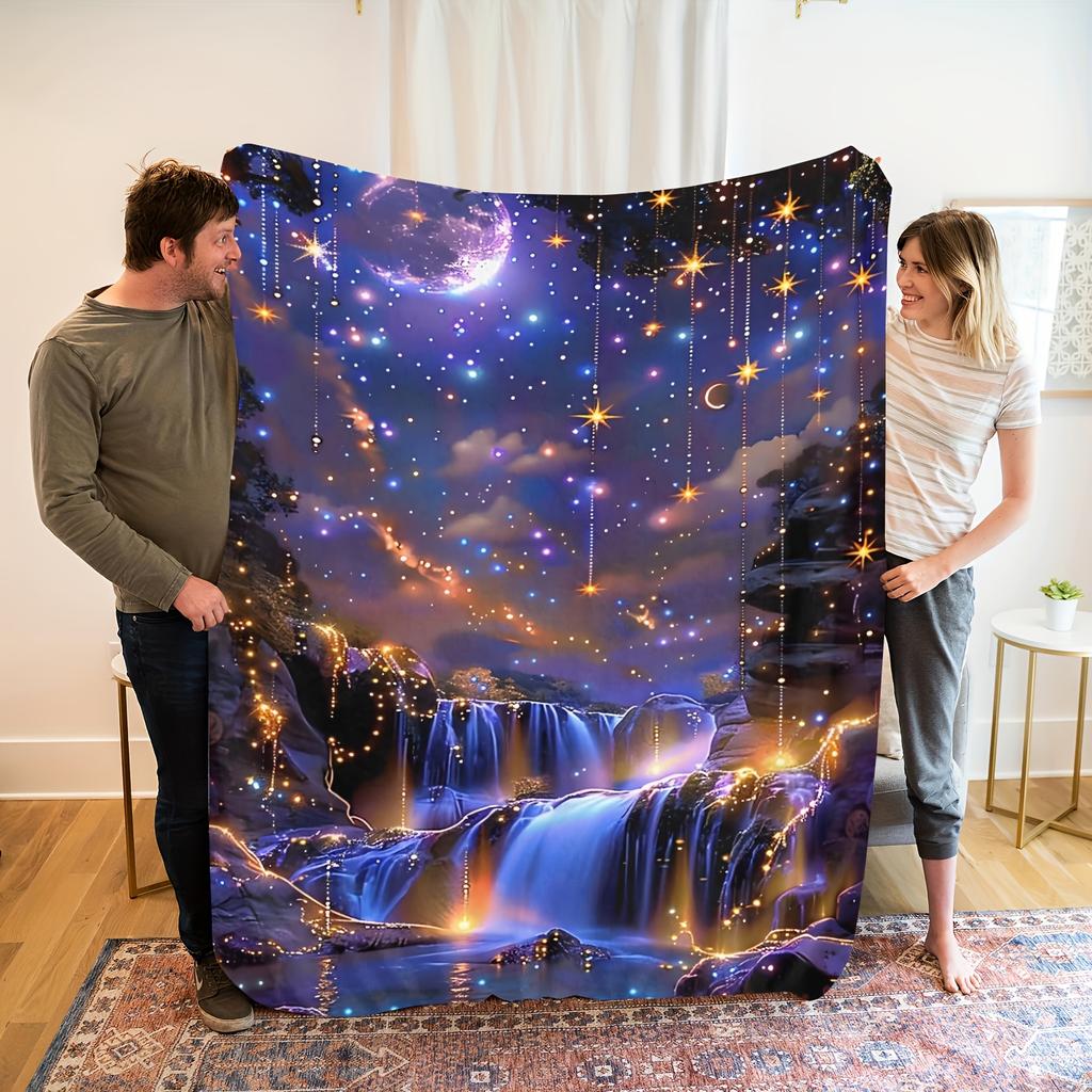 Dreamy Starry Waterfall Flannel Blanket Magical Night Sky Print Soft Cozy Throw for Home Outdoor Use All Seasons