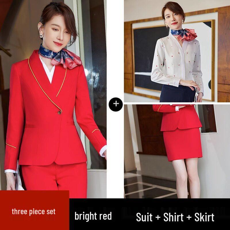 China Southern Airlines Flight Attendant Professional Suit: High-End Rose Red Vest and Dress Reception Uniform