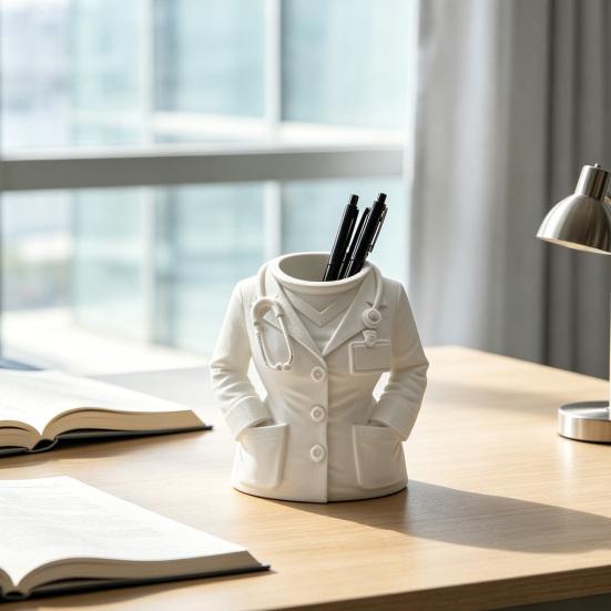 Doctor White Coat Pen Holder with Stethoscope Decoration Creative Desk Organizer for Medical Office Clinic Home Cute Gift for Doctors Nurses