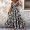 Women's short-sleeved V-neck retro printed dress Fashion elegant long dress