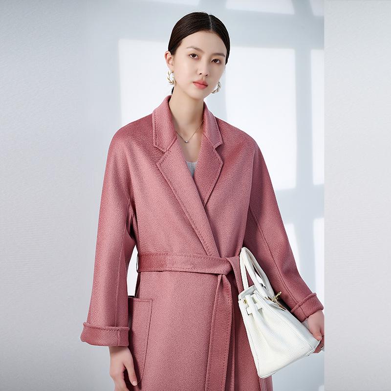 100% Pure Cashmere Water Ripple Double-Faced Wool Coat with Belt - Women's Outerwear