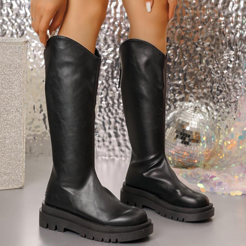 Sexy Pu Solid Black Knee High Boots Women Back Zippers Knight Long Boots 2025 Winter Autumn Medium Heel Shoes Plus Size