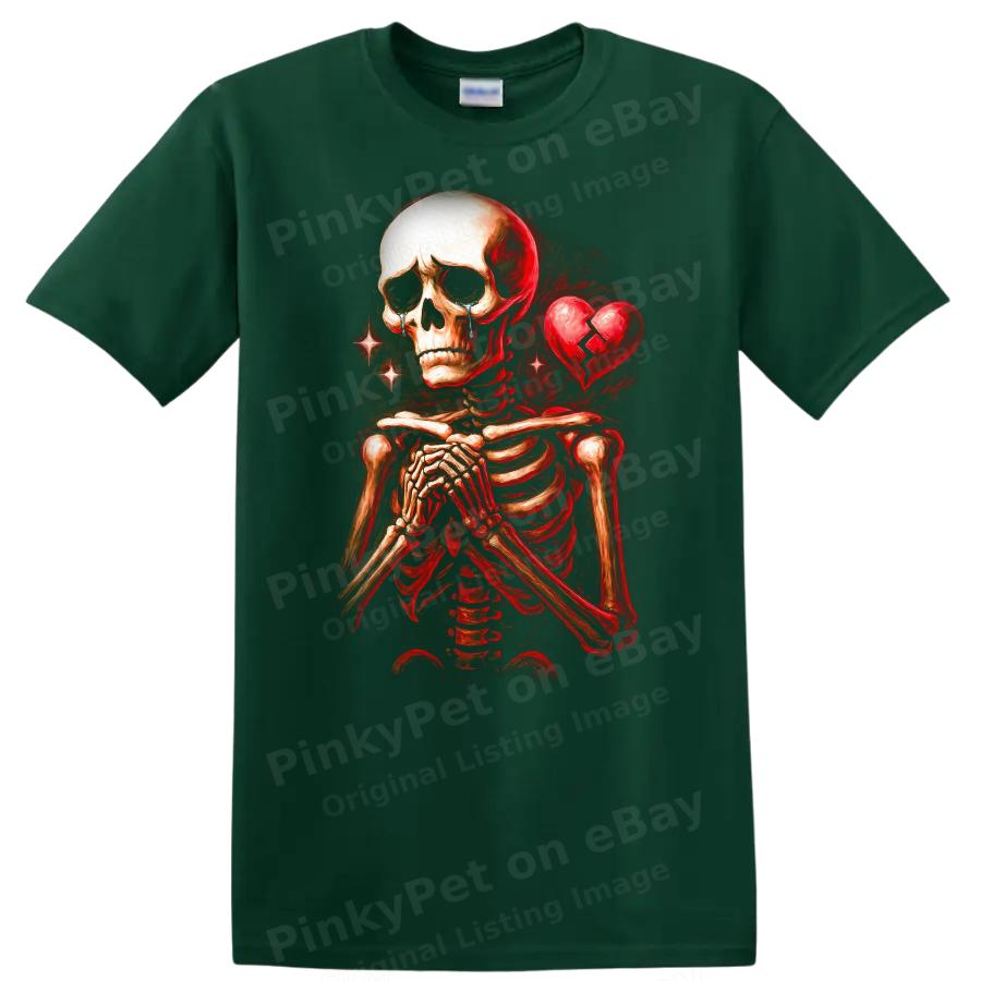Skeleton Sad Heart Graphic T Shirt Emo Design Casual Art Tee
