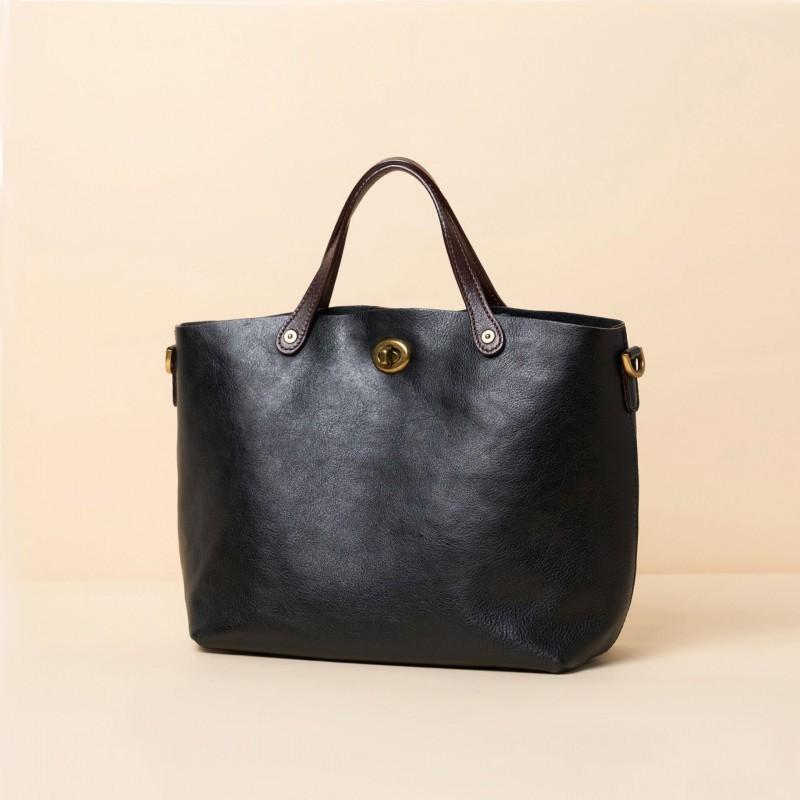 

New Top Layer Tree Paste Vegetable Tanned Cowhide Retro Fashion Genuine Leather Women s Bag Large Capacity Hand-held Single Shoulder Crossbody Length 27, width 13, height 25cm чёрный