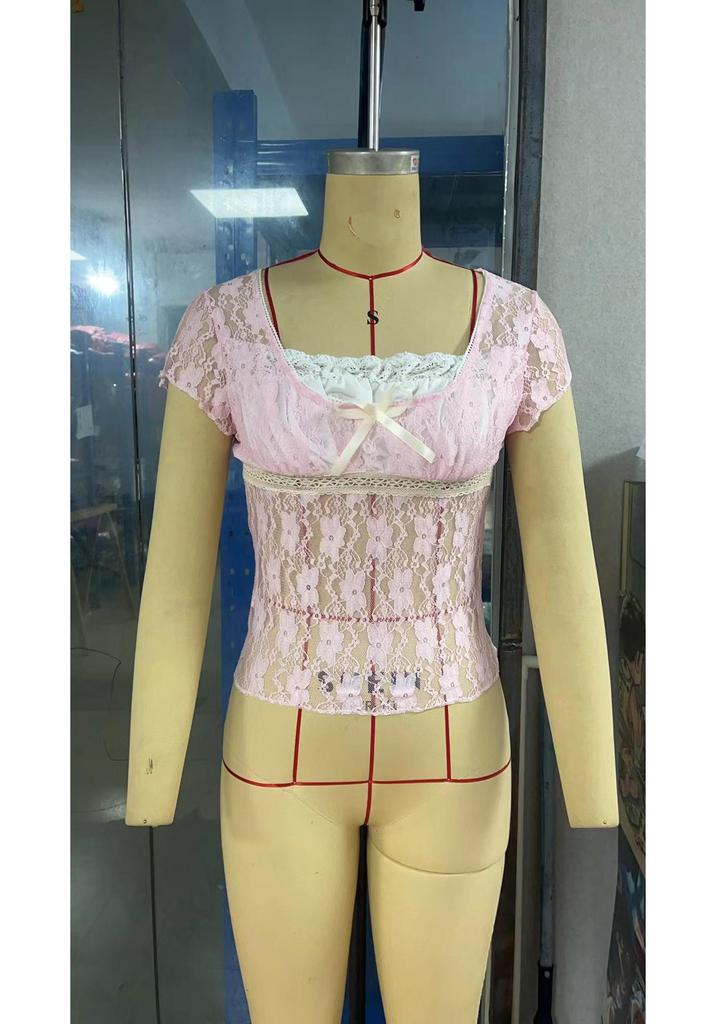 European & American Women's Pink Lace Patchwork Cropped Pullover - Sweet Girly Style, French Square Neck, Lace-up, Slim Fit T-shirt.