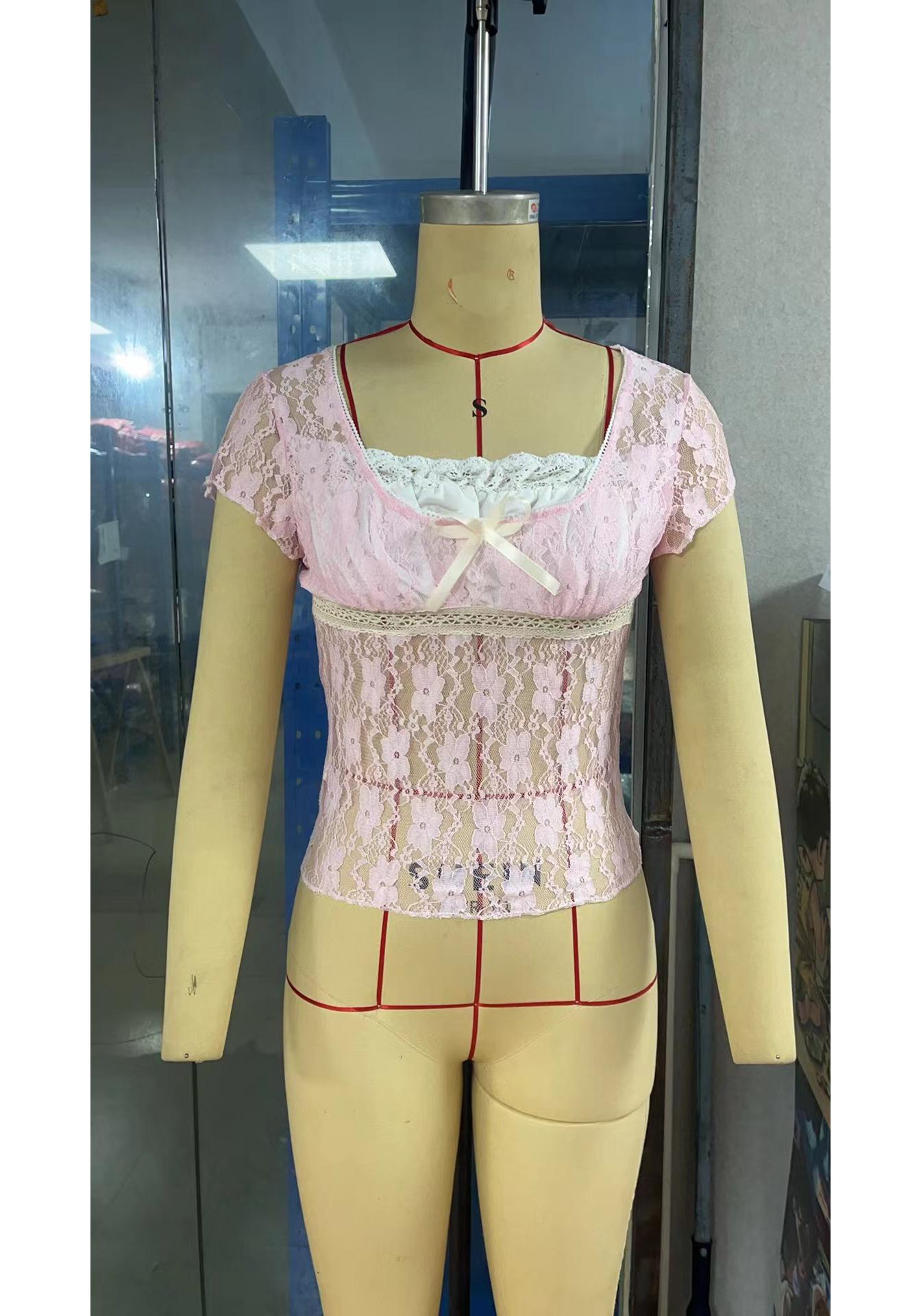 European & American Women s Pink Lace Patchwork Cropped Pullover - Sweet Girly Style, French Square Neck, Lace-up, Slim Fit T-shirt. Medium