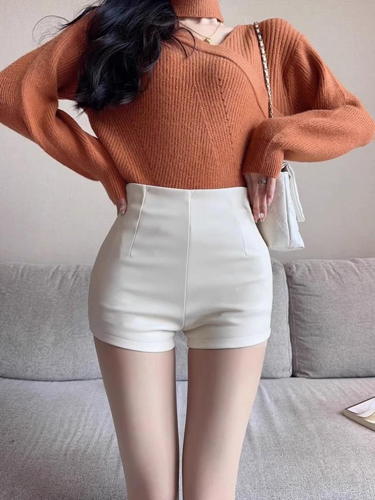 2023 Autumn/Winter Women's High Waist PU Leather A-Line Shorts - Slim Fit, Sexy & Stylish