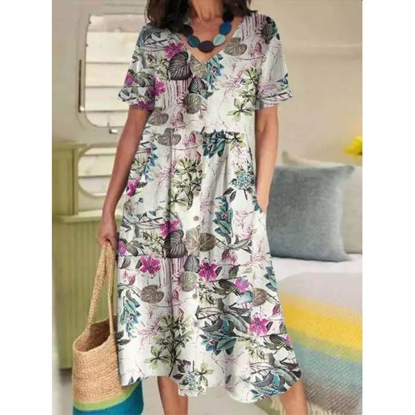 

Women Button Blouse Dress Summer Female V Neck Short Sleeve Cotton Linen Beachwear Holiday Loose Party Dresses XXXXXL