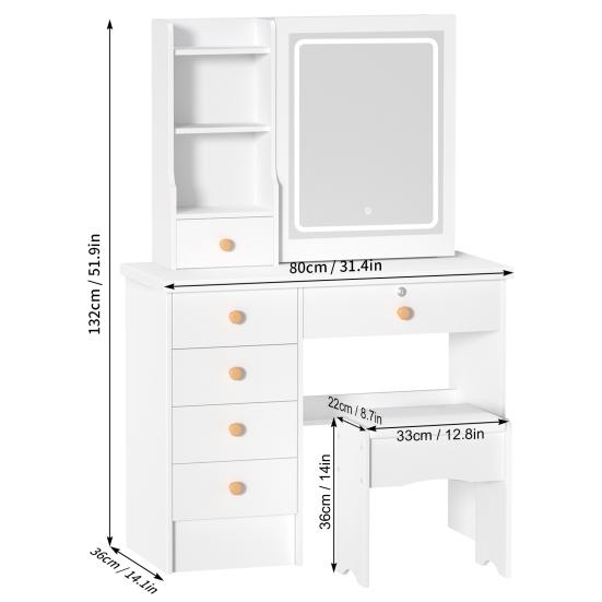 Schminktisch mit einstellbarer 3-Farben-Helligkeitsanpassung, verschiebbarem beleuchtetem Spiegel, Frisiertisch-Set mit 6 Schubladen und mehreren versteckten Ablageregalen