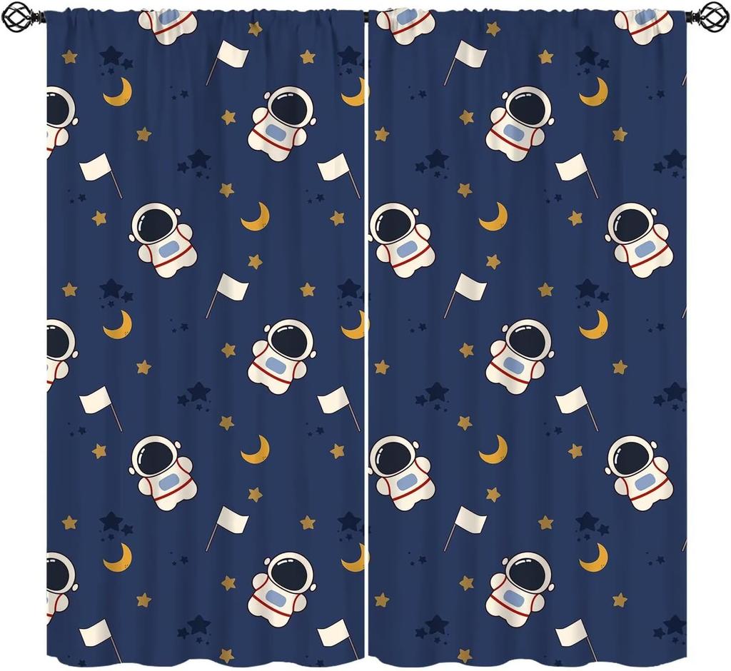 Cartoon Space Universe Curtains,Solar System Planet Rocket Spacecraft Print Decor Rod Pocket Window Treatments For Kids Girls