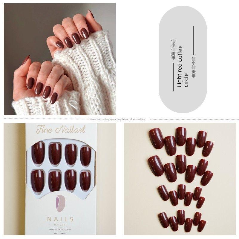 

Темно-фиолетовые матовые накладные ногти средней длины для ежедневного ношения 275-light red coffee circle