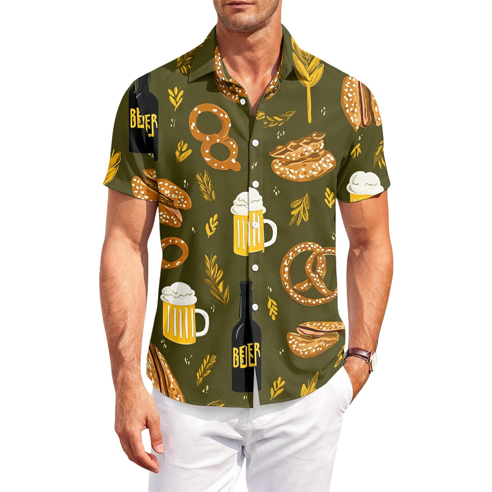 

Men s Casual Loose Fit Short Sleeve Shirt Button Down Beer Festival Print Lightweight Breathable Summer Top L тёмно-синий
