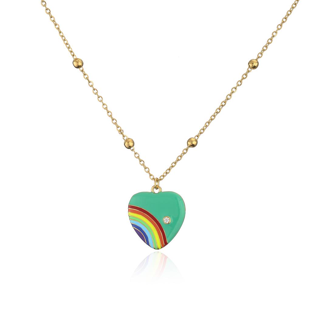HECHENG,Rainbow Necklace ,Love Heart Necklace,Colorful Lucky Zircon,For Women ,Stainless Steel