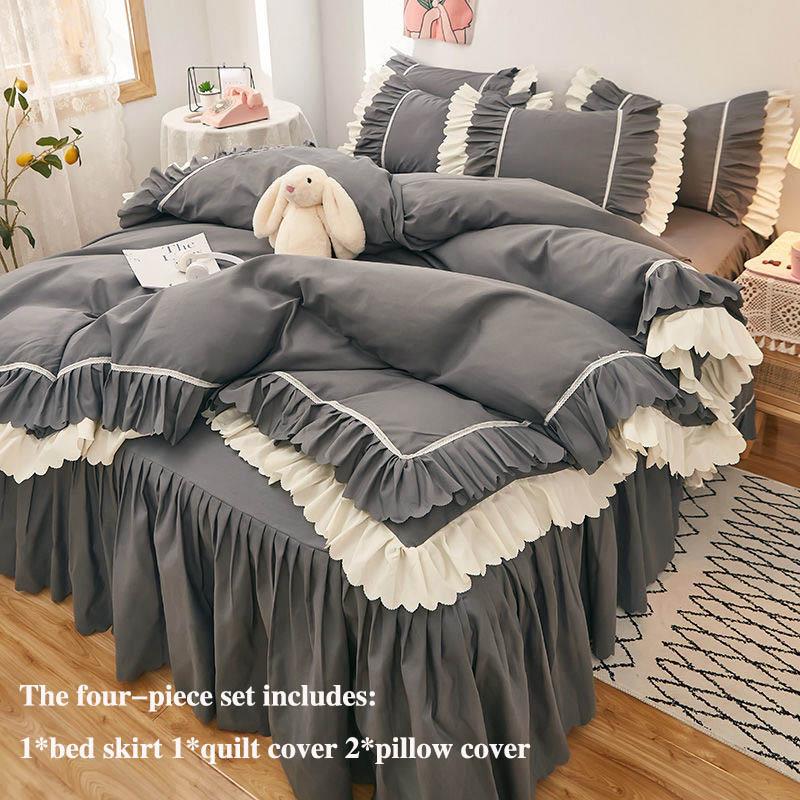 Saia de cama de quatro peças grossa escovada estilo coreano saia de cama e capa de edredão de três peças estilo princesa