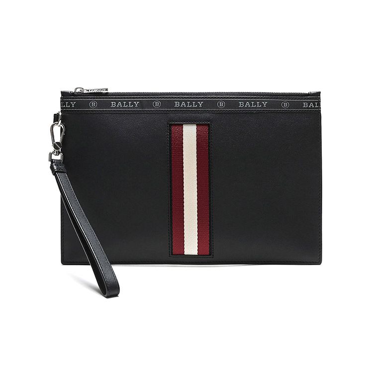 Bally Classic Red And White Striped Business Casual Commuter Leather Clutch Bag Men Clutch Bag Black BENERY-HP-100 Basic Set (Bag+Dust Bag)