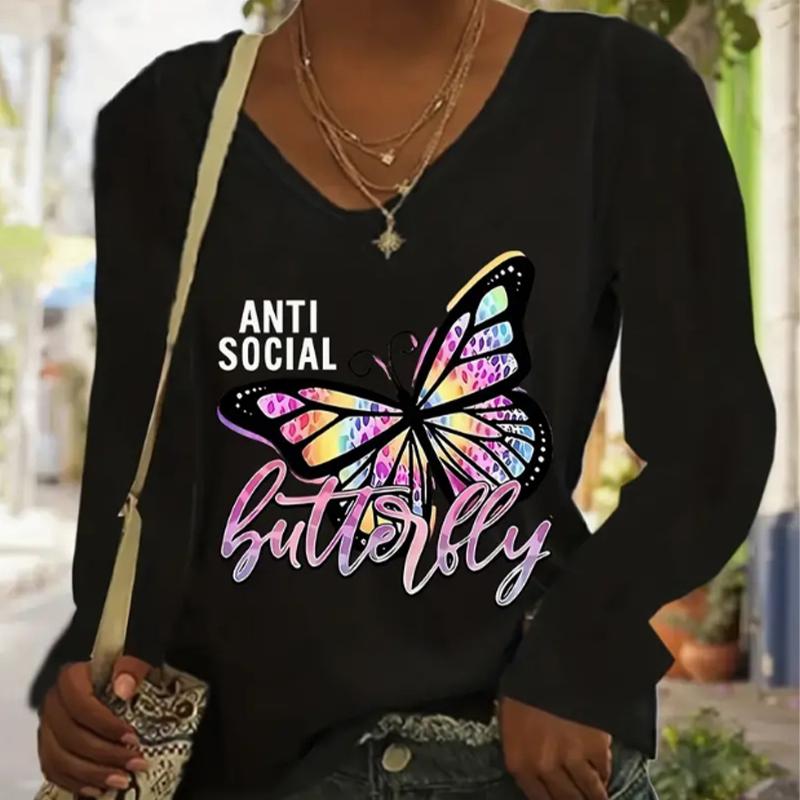 

Красочные бабочки принт женские футболки женские топы с длинным рукавом V-образный вырез пуловер женские футболки футболка для женщин XS белый