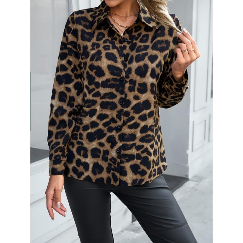 Leopard Print Polo Collar Button Shirt, Casual Long Sleeve Shirt For Spring & Fall, Women's Clothing