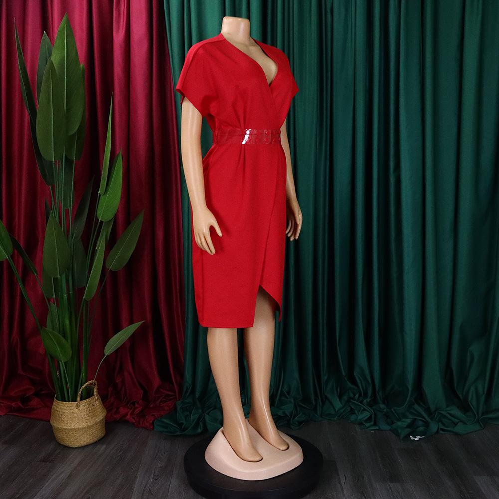 YYFS Dámská móda Léto Jaro Jednobarevný potisk Neformální šaty s krátkým rukávem a výstřihem do V s vysokým pasem