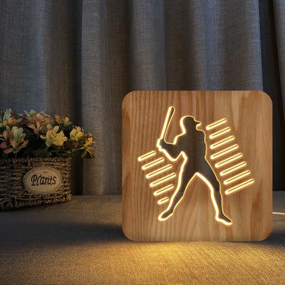 LED dřevěné noční lampy do ložnice Stolní lampa 3D Play Baseball USB Charge