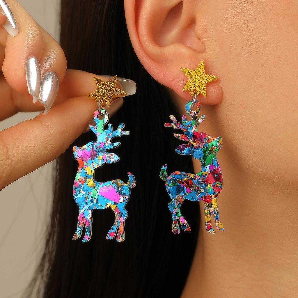Colorful Confetti Reindeer Drop Earrings for Women Festive Star Stud Earrings for Christmas