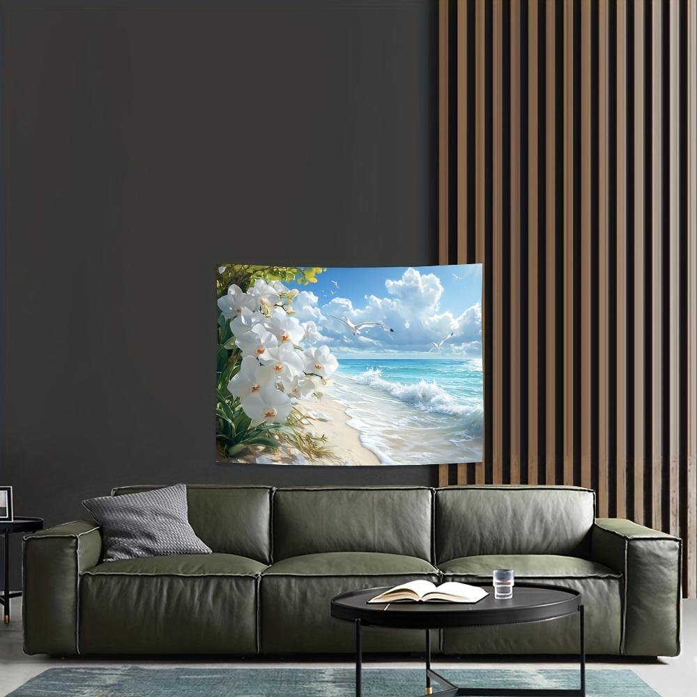 Tropical Beach Tapestry, White Orchids And Seagulls Print, Scenic Wall Art For Home Dorm Background