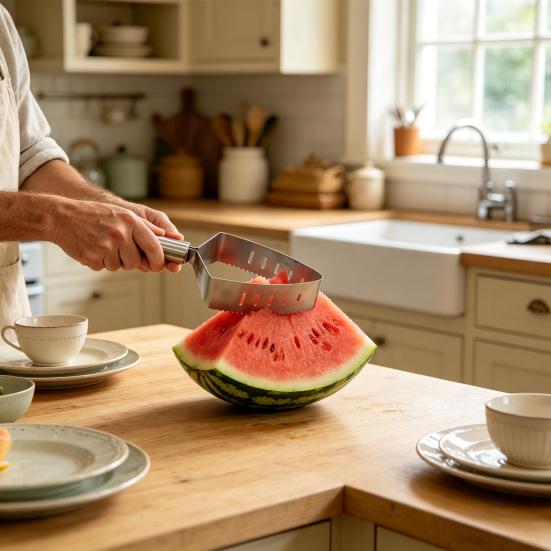 Stainless Steel Watermelon Slicer with Serrated Blade 2-in-1 Triangle Fruit Cutter for Melon Pineapple Multi-Function Divider for Cake Pizza