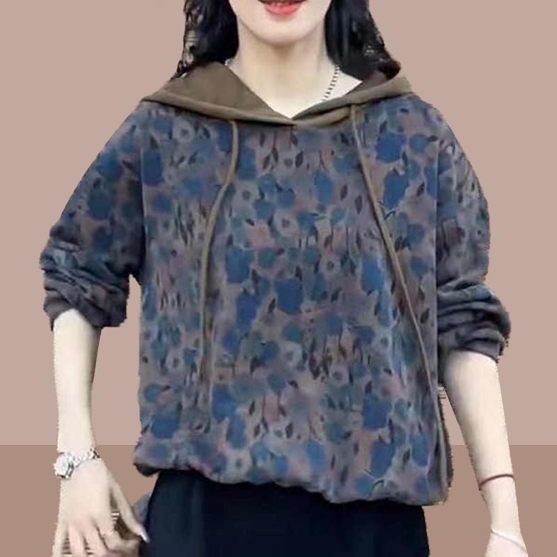 Women's Spring Autumn New Style Retro Fashion Casual Printed Hooded Sweatshirt Loose Slim Fit Stylish Base Layer Top