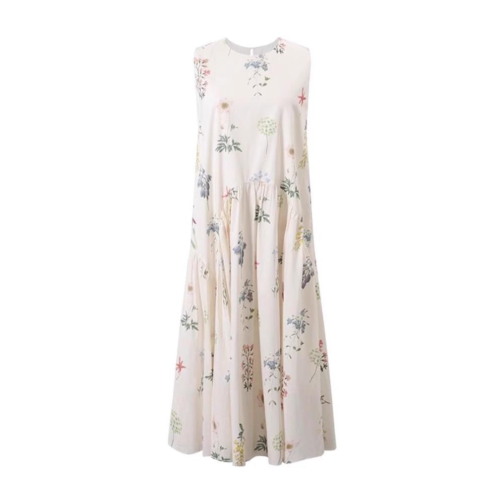 French Floral Sleeveless Round Neck Dress - Loose, Slimming Vacation Style for Female Students