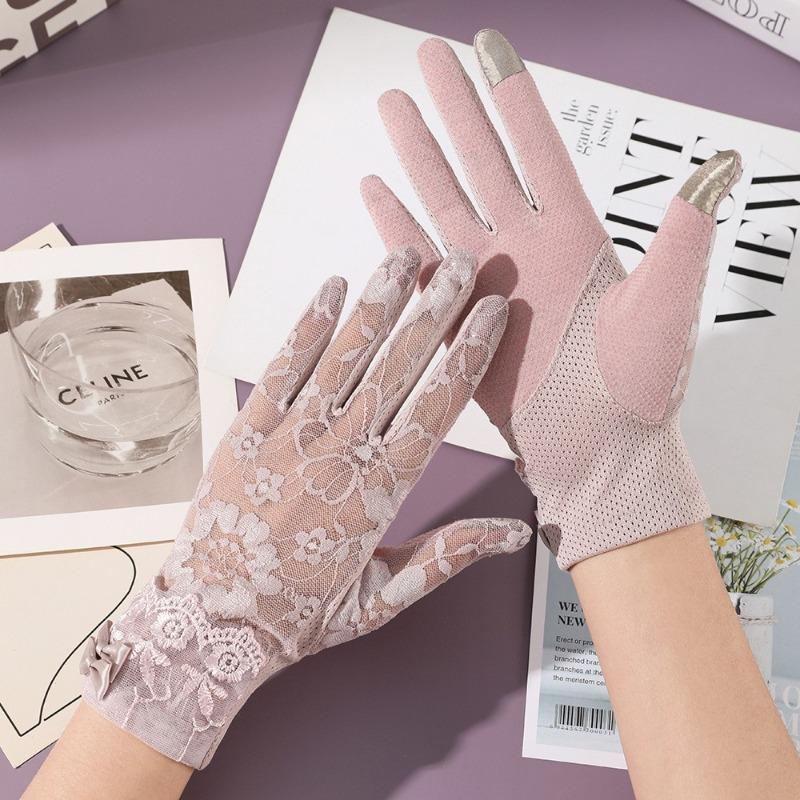 New sunscreen gloves women's spring summer outdoor riding driving lace non-slip bow