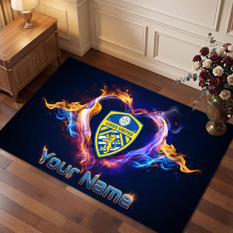Leeds United Custom Crystal Velvet Rug, Personalized Name Text Print, Football Logo Soft Non‑Slip Floor Mat Home Decor Gift