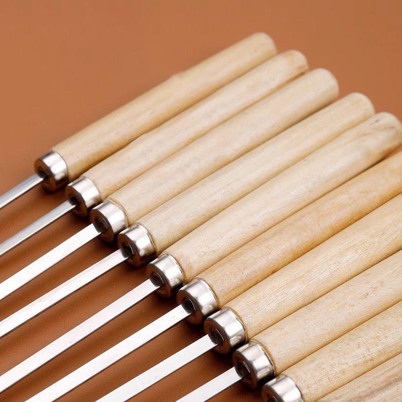 10 Adet Ahşap Saplı Haşlanma Önleyici Barbekü Şişi Yeniden Kullanılabilir 304 Paslanmaz Çelik Metal Barbekü Şişi Geniş Şişler