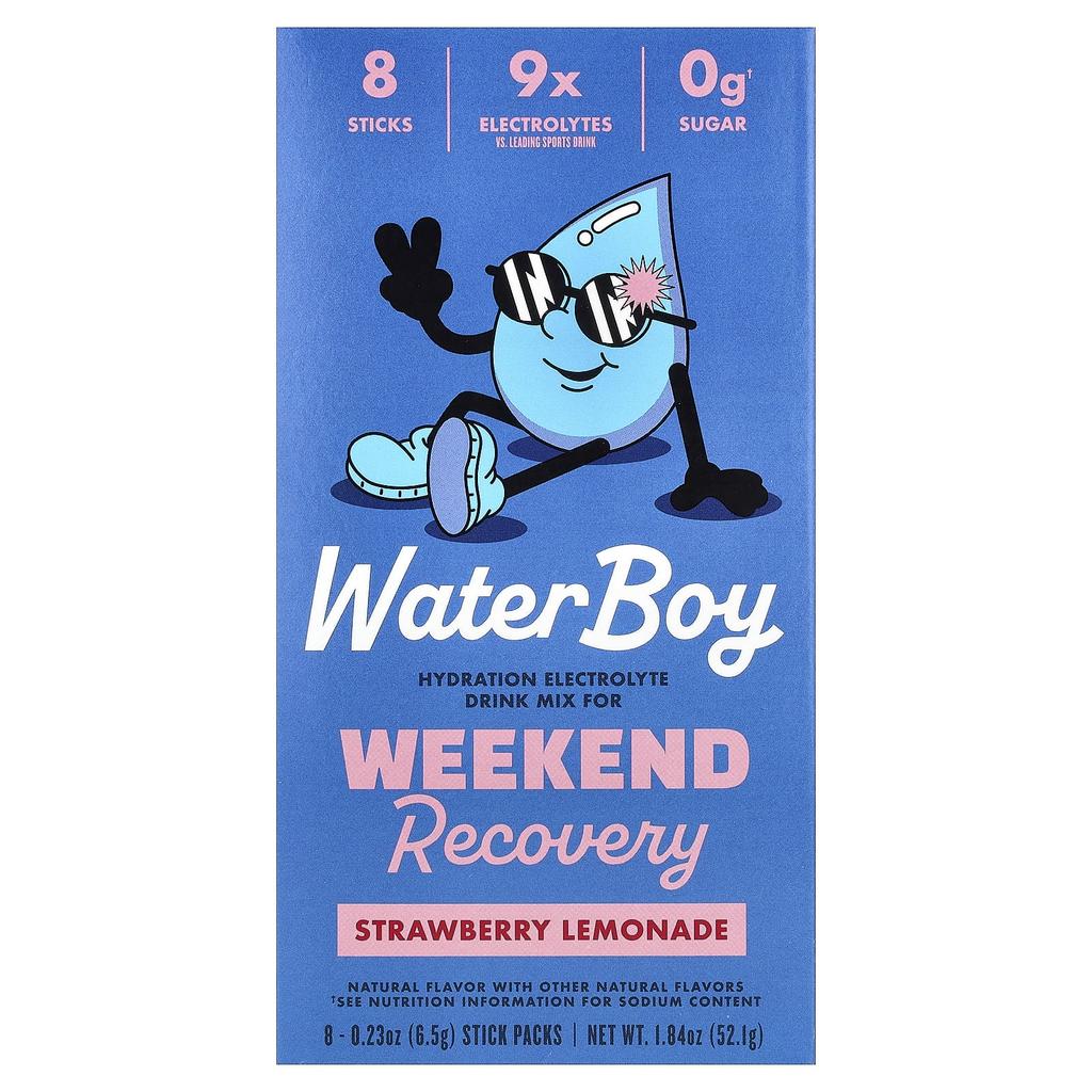 Waterboy, Weekend Recovery, Hydrating Electrolyte Drink Mix, Strawberry Lemonade, 8 Stick Packs, 6.5g (0.23oz) Each
