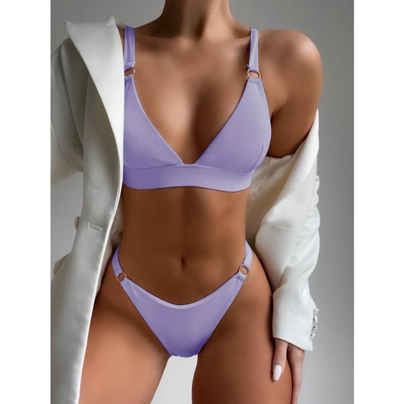 Bikini a due pezzi a costine verde lime da donna - Costume da bagno a triangolo con anello a O