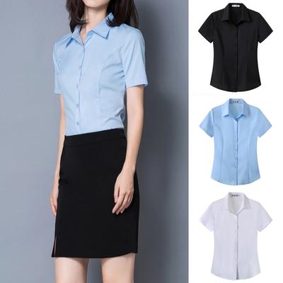 Women's Office Work Shirts Short Sleeve Button Down Shirts V Neck Collared Blouse Summer Classic-Fit Tops Ladies Business Blouses