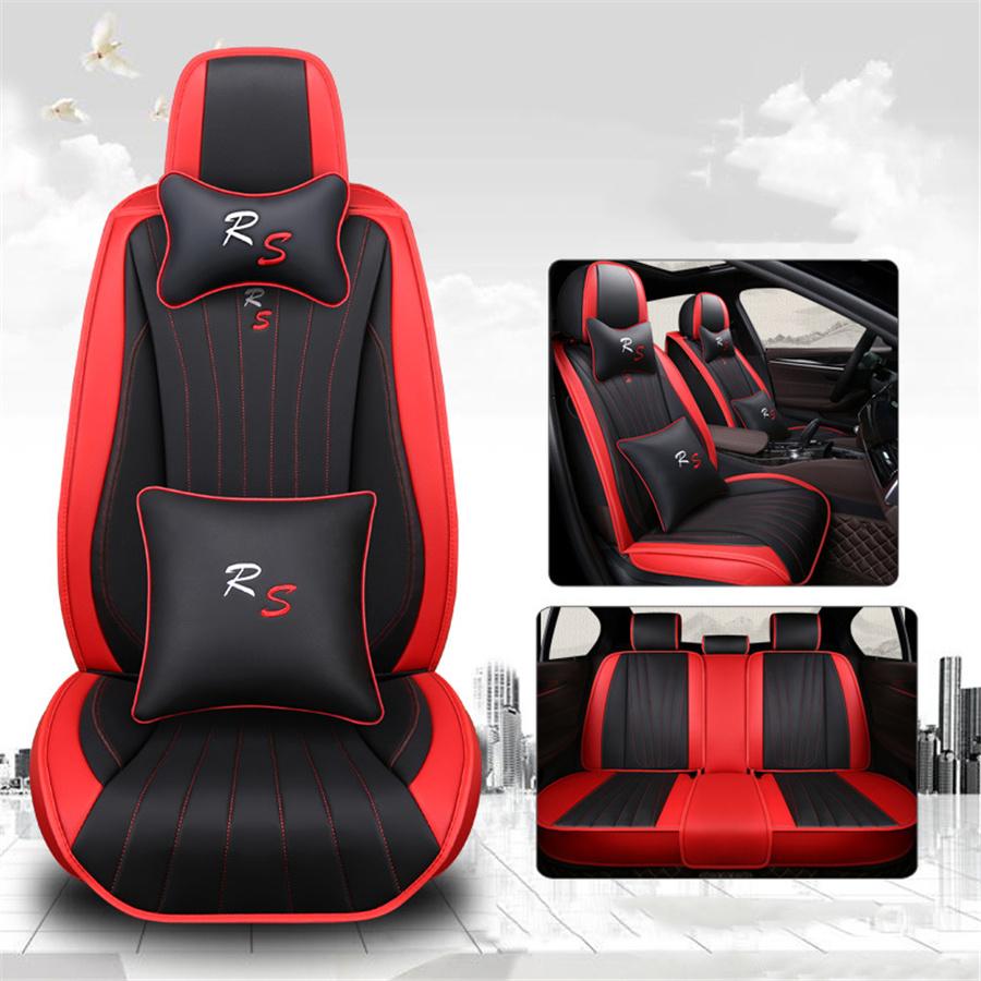 5-Sitzer Luxus Abriebfeste Leder Sitzbezug Auto SUV Voll Vorne+Hinten Universelles Sitzkissen Kopfstütze Lendenkissen