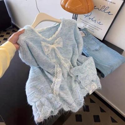 Light Blue Lace Bow-tie Sweater Women's Autumn and Winter New Unique, Chic and Beautiful Knitted Sweater