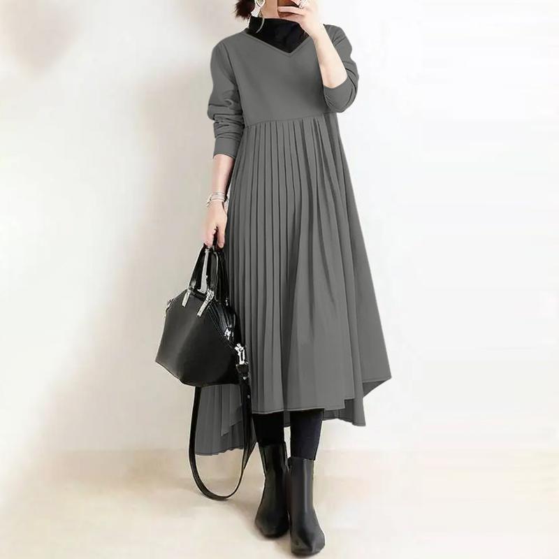ZANZEA Women Casual V-Neck Solid Color Long Sleeve Loose Dress