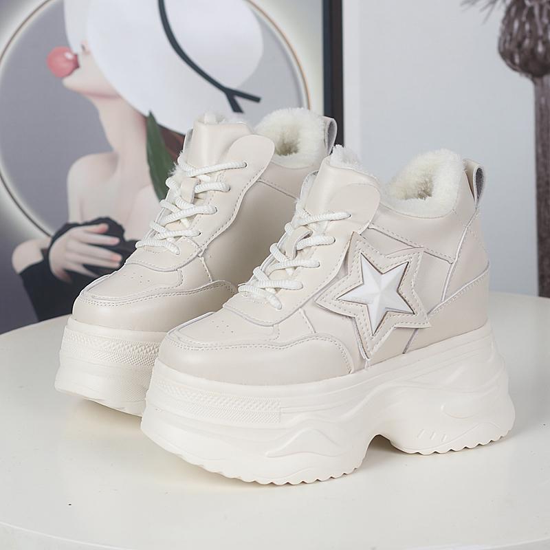 Fashion 12CM Cow Genuine Leather Winter Boots Autumn Fashion Platform Chimney Ankle Booties Moccasins Women Chunky Sneakers Shoes