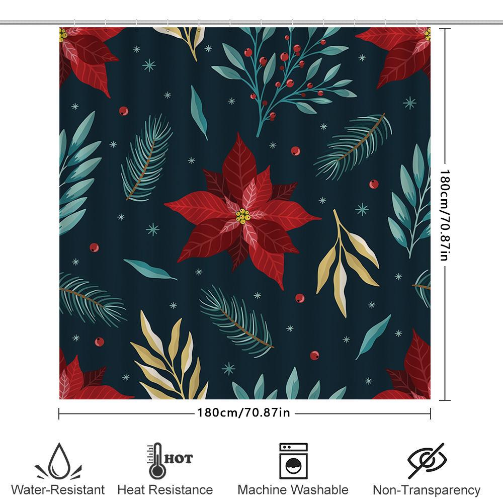 GAEStylish Blue Floral Shower Curtain with Christmas Poinsettias for Bathroom Decor Waterproof Fabric Easy Installation Kit In