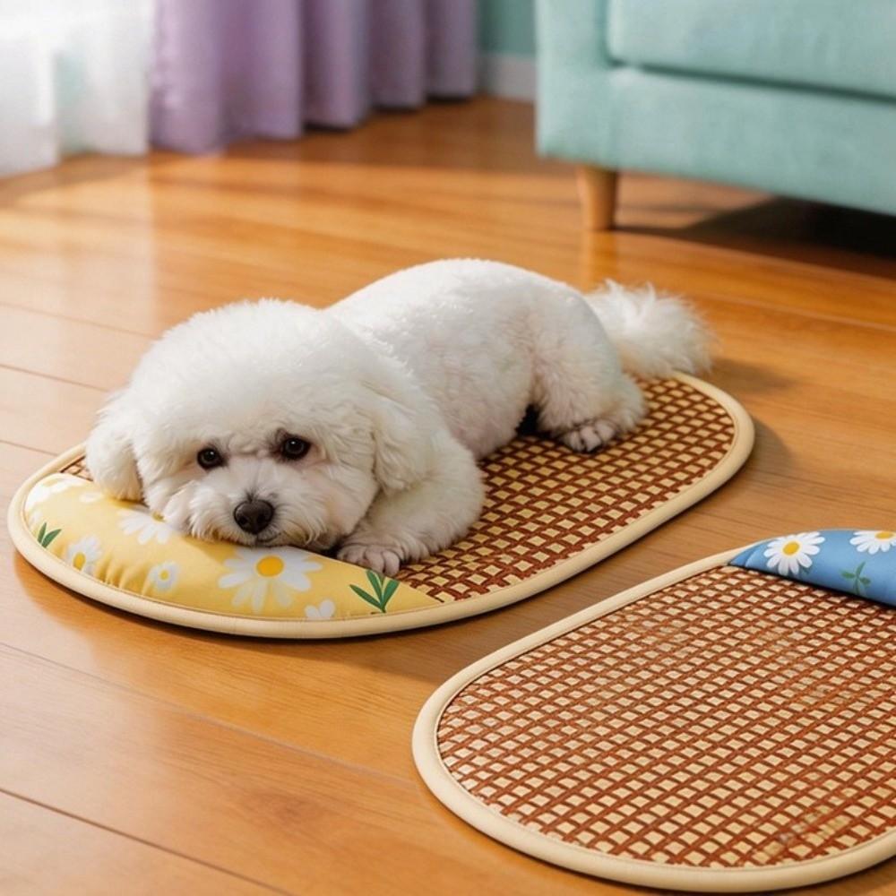 Sunflower Print Pet Cooling Mat Breathable Pet Mattress Pet Rattan Weaving Sleeping Mat  Summer Use